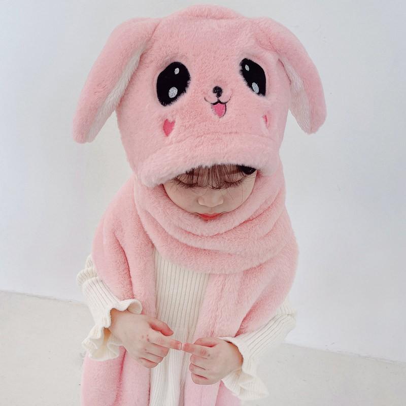 Warm Knitted Rabbit Ear Hat With Scarf Kids Women Winter Outdoor Wear Soft Fleece Lined Adjustable Hooded Beanie