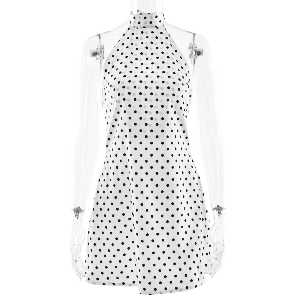 Mini-robe d'été à col bénitier sans manches pour femme, coupe évasée, taille haute, sexy, à pois, dos nu en satin