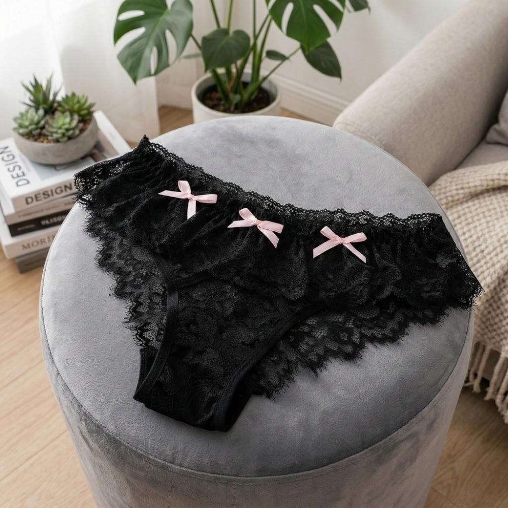 Japanese Style Thong for Women Low Waist Mini Bow Underpants Sweet Bowknot Lace Panties Female