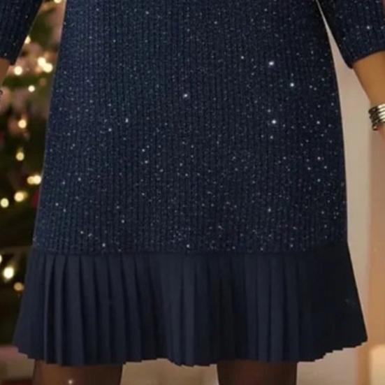 Women Knit Mini Fall Sweater Dress Sparkly Long Sleeve Lapel V Neck Dress Casual Ribbed Pullover Pleated Swing Dress
