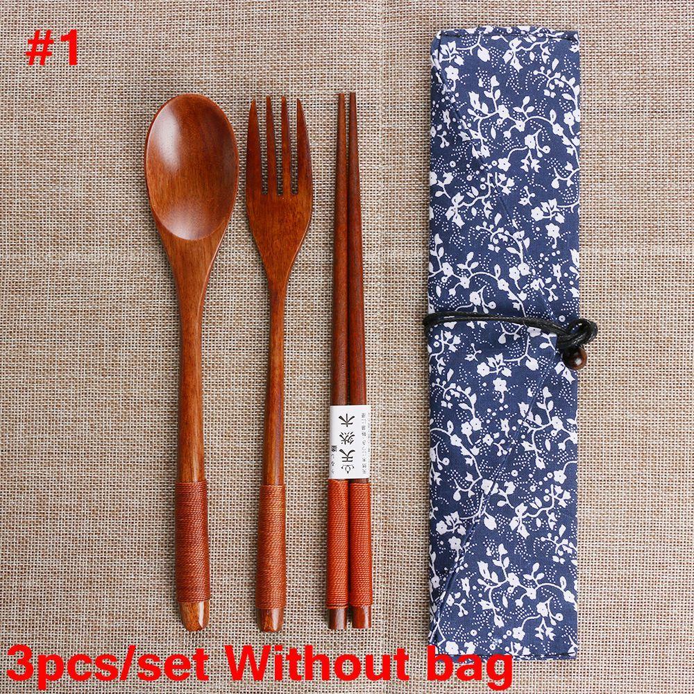 Travel Portable Cutlery Set Natural Spoon Fork Chopsticks Wooden Cloth Bag