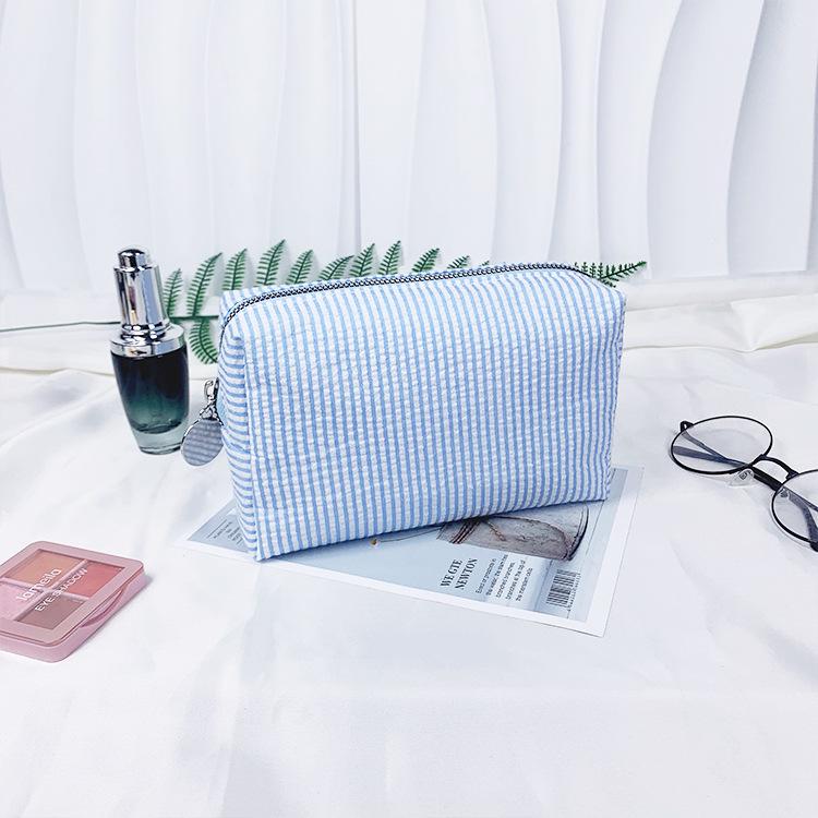 Seersucker Makeup & Toiletry Bag: Large Capacity, Embroidered, Striped Travel Clutch