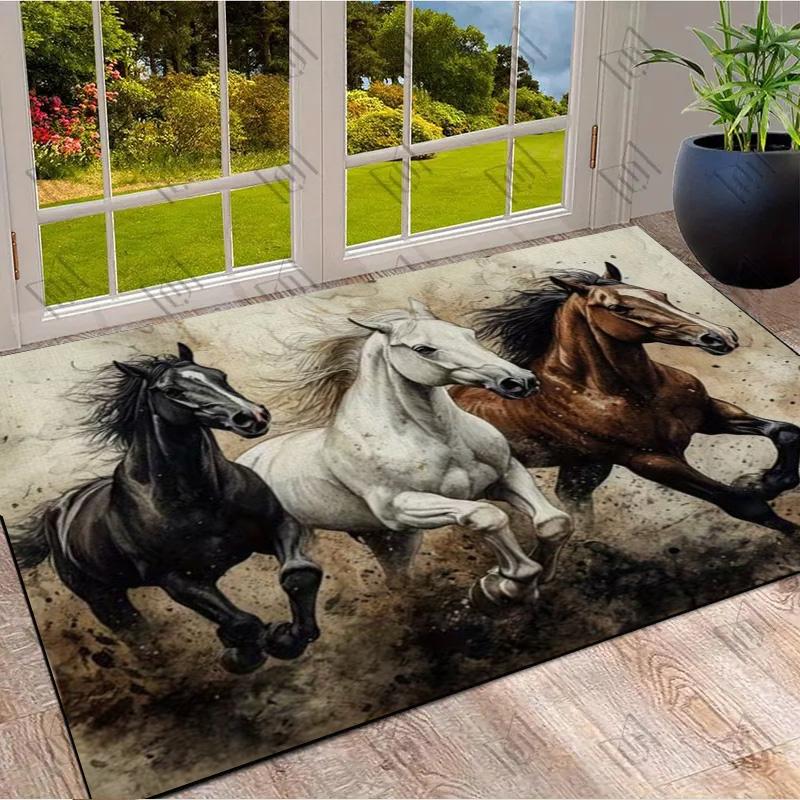 Three Running Black White Brown Horses Vintage Grunge Print Area Rug Wildlife Animal Non Slip Rectangular Floor Mat Horse Lover Gaming Room Decor Rug
