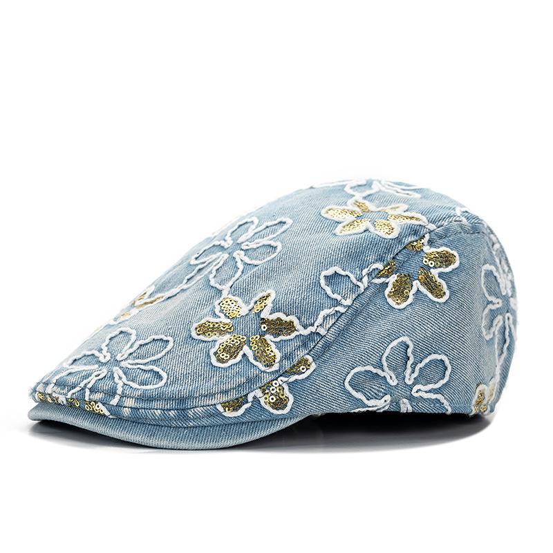 Весна Лето Пайетки Берет Женский Ретро Кепка Вперед светло-синий