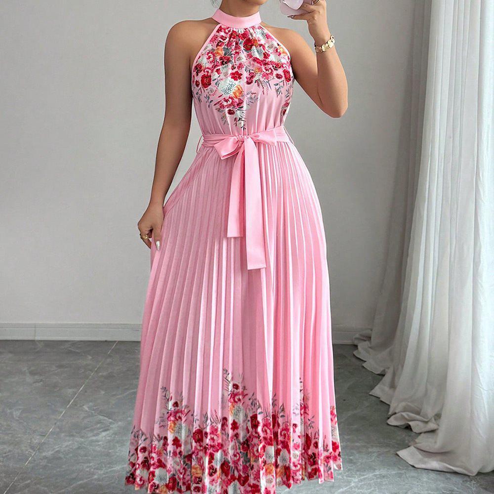 2025 European & American Style Women's Printed Pleated Long Dress