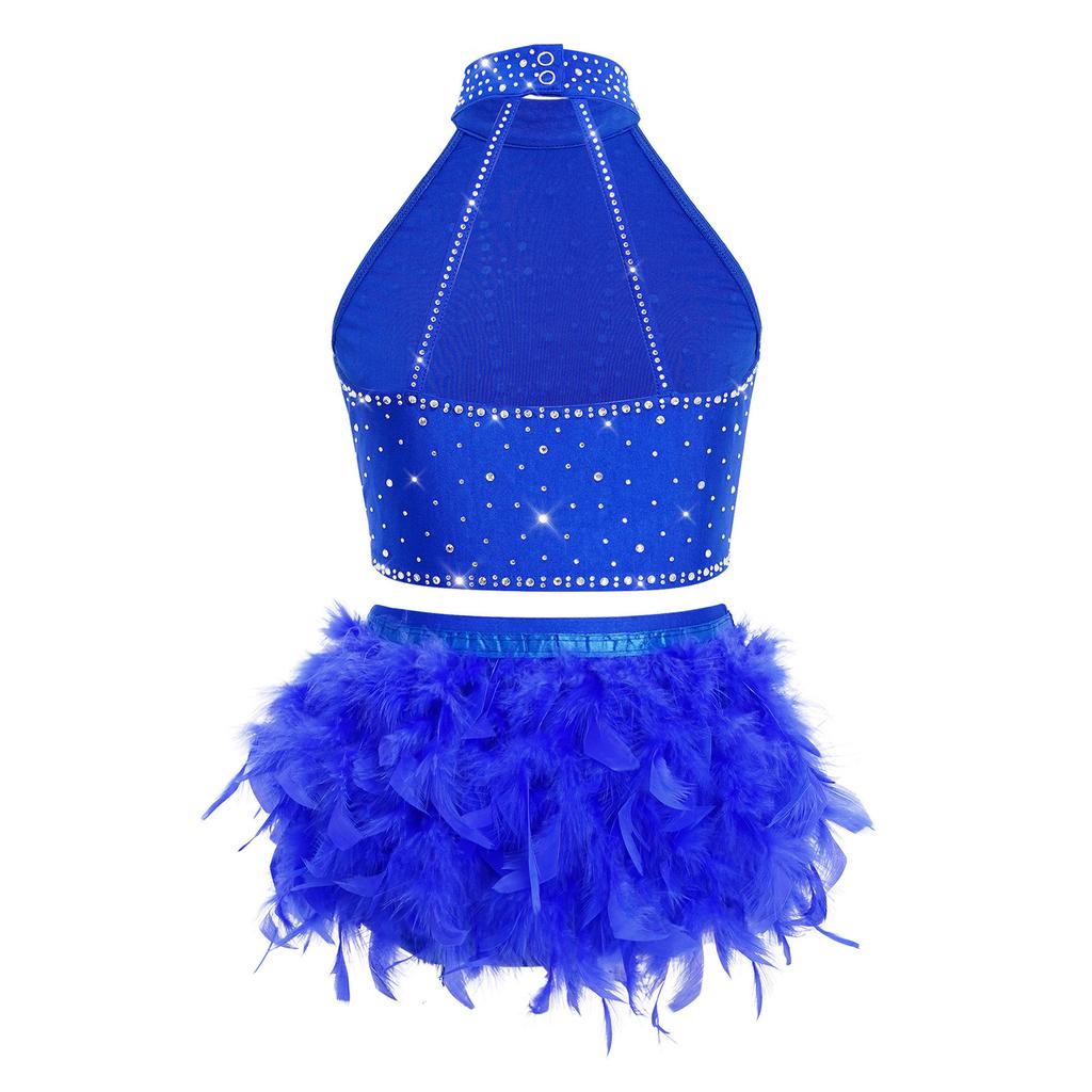 Trblietavý tanečný kostým s perami a strapcami pre deti, dievčatá: Crop top s halter krkom a prekríženým chrbtom a elastickou sukňou pre javiskové vystúpenie