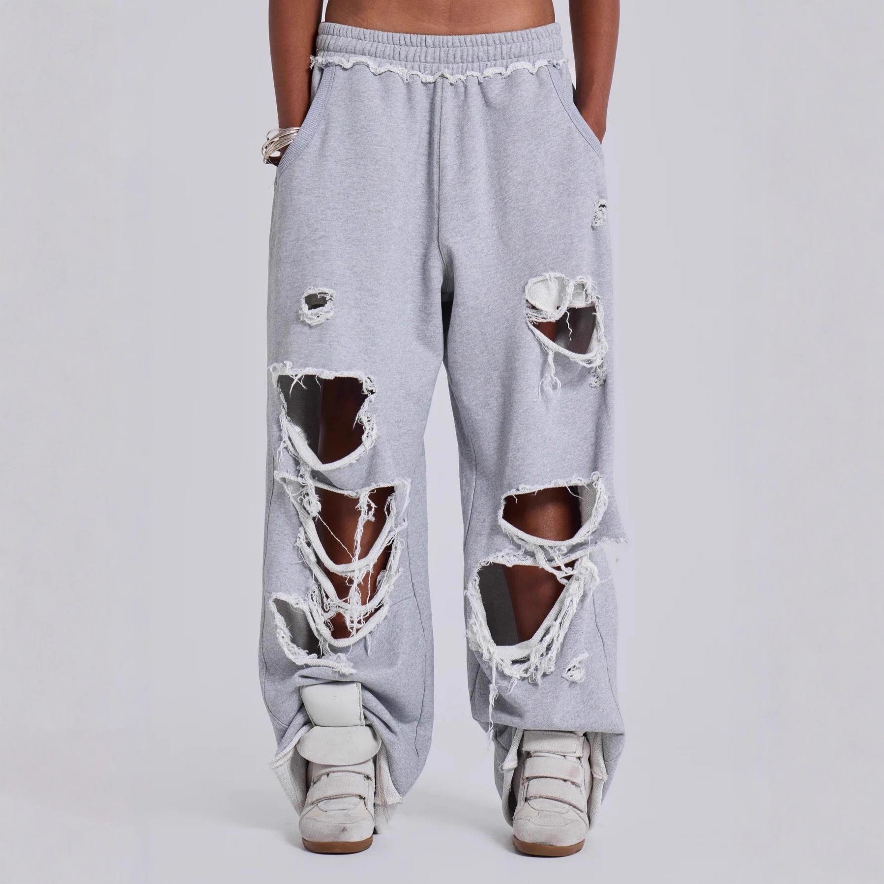 European And American Personalized Street Casual Pants High Street Hip Hop Ripped Design Wide Leg Pants Loose Sweatpants S