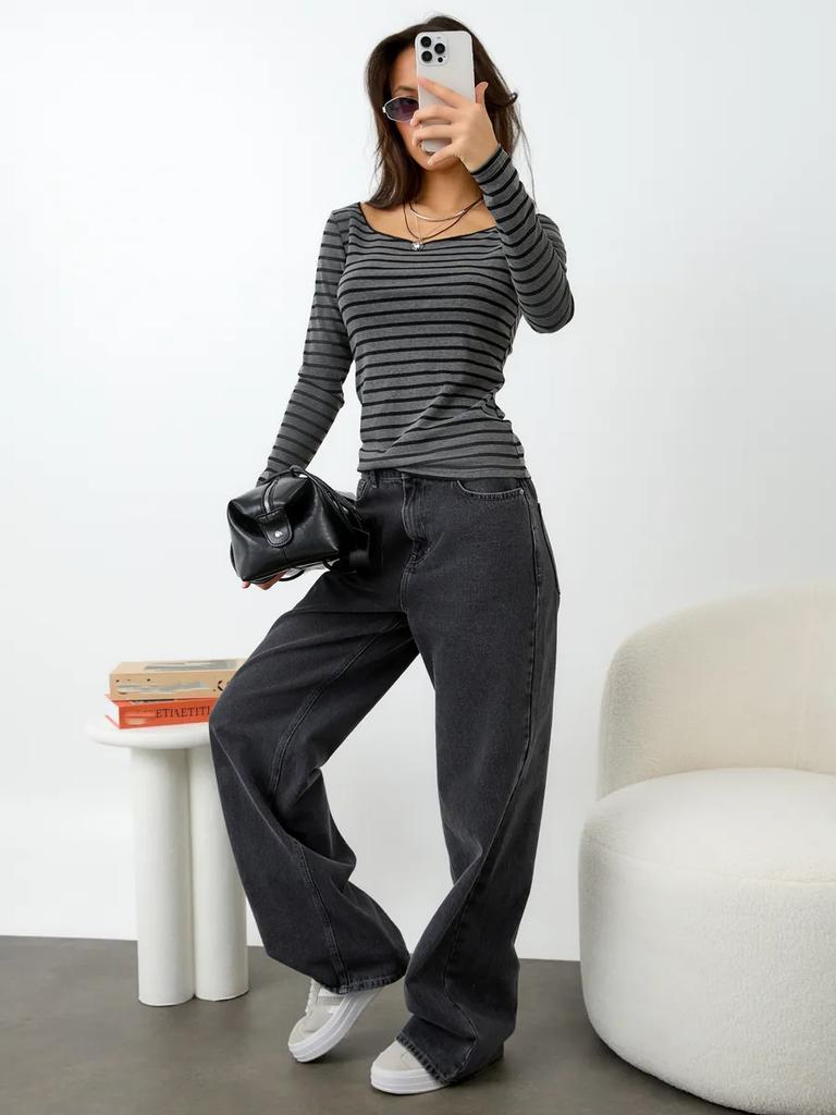 Damski T-shirt w paski z długim rękawem Y2k Top na jedno ramię Casualowy Slim Fit Hot Girl Styl Vintage Modne Ubrania