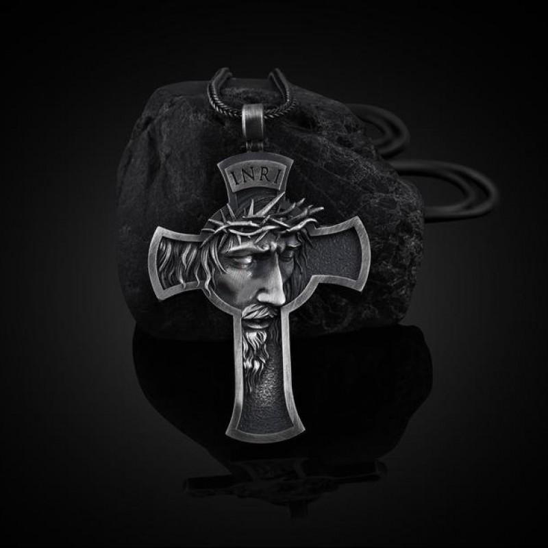 Mens Punk Hip Hop Necklace With Bird Head Cross Pendant Stainless Steel Box Chain Tone