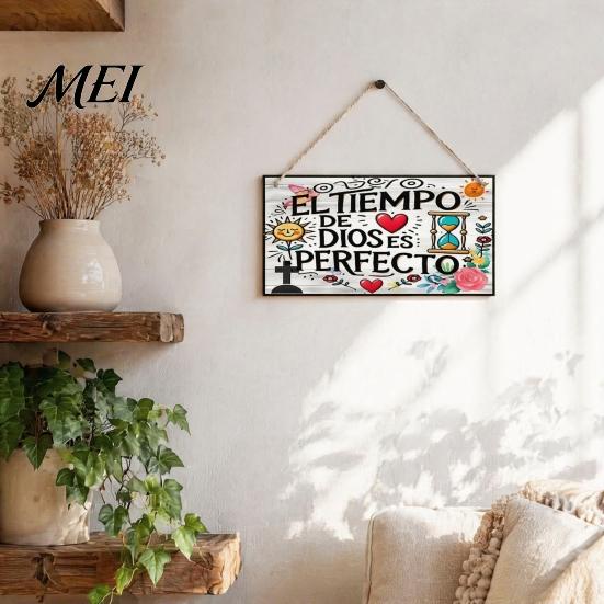 Entrance Wall Hanging Decor Spanish Religious Prayer Ornament with Rose Cross Flower, Inspirational Art Wooden Decorative Pendant for Living