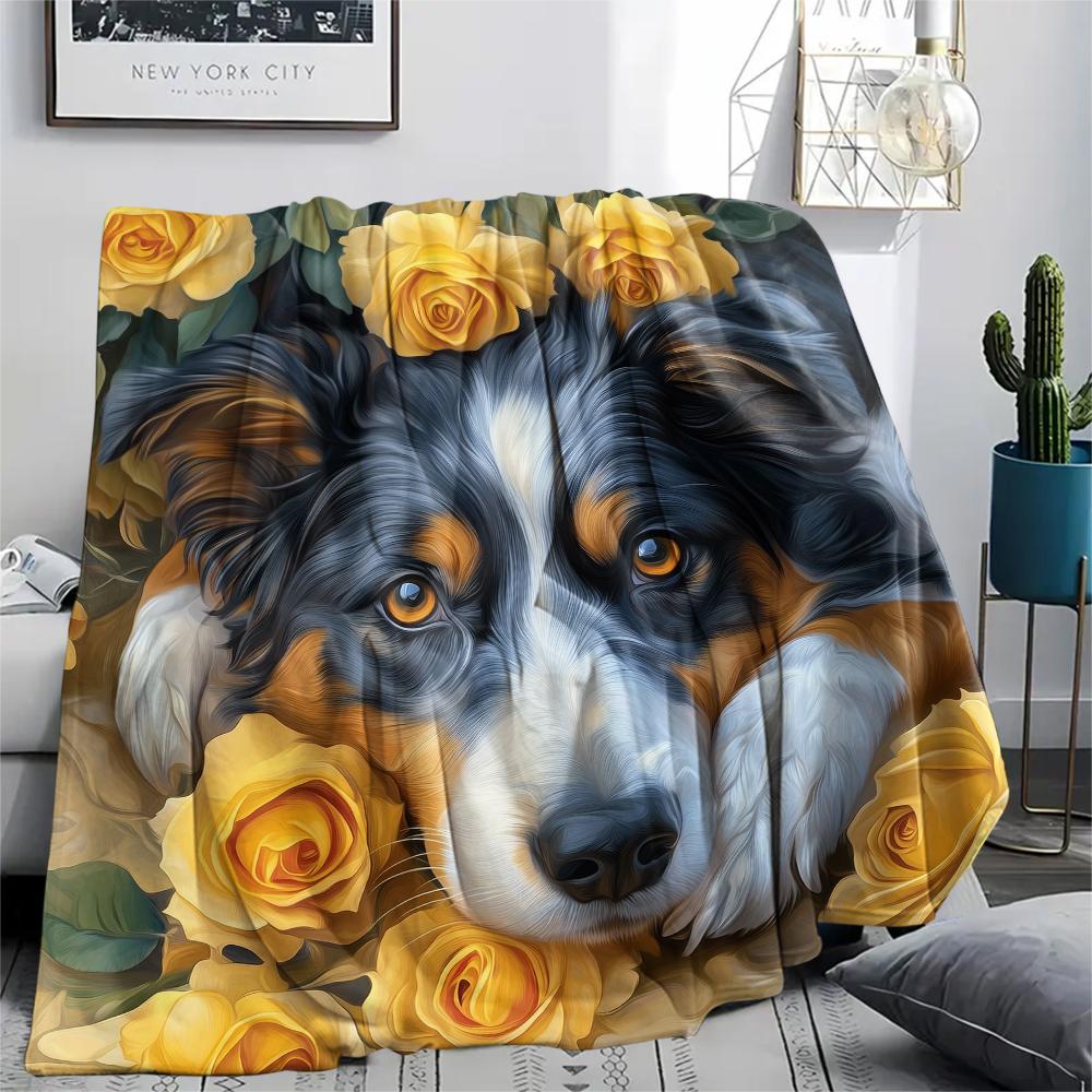 Australian Shepherd and Roses,pattern Flannel Blanket, High quality Comfortable for All Seasons, Home Decor, Warmth and Comfort, Perfect for Gifts.