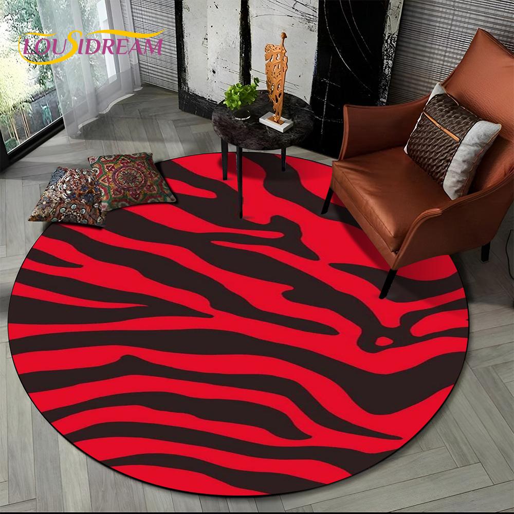 3D Barevný Pruhovaný Vzor Zebra Kulatý Koberec pro Obývací Pokoj, Ložnici, Dětský Herní Koutek Dekor, Protiskluzová Podložka do Zóny pro Domácí Mazlíčky