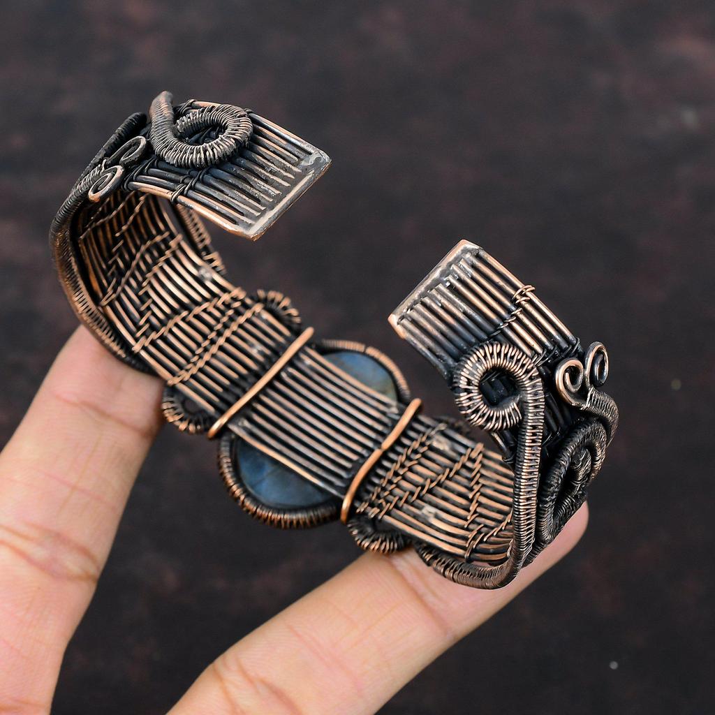 Mystic Fire Labradorite Cuff Bracelet Copper Wire Wrapped Bangle Adjustable Cuff Handmade Jewelry Gemstone Bangle Copper Jewelry For Gift