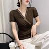 European Spring/Summer 2023 V-neck Mesh T-shirt with Rhinestone Cutout: Women's Fashionable Slimming Base Shirt