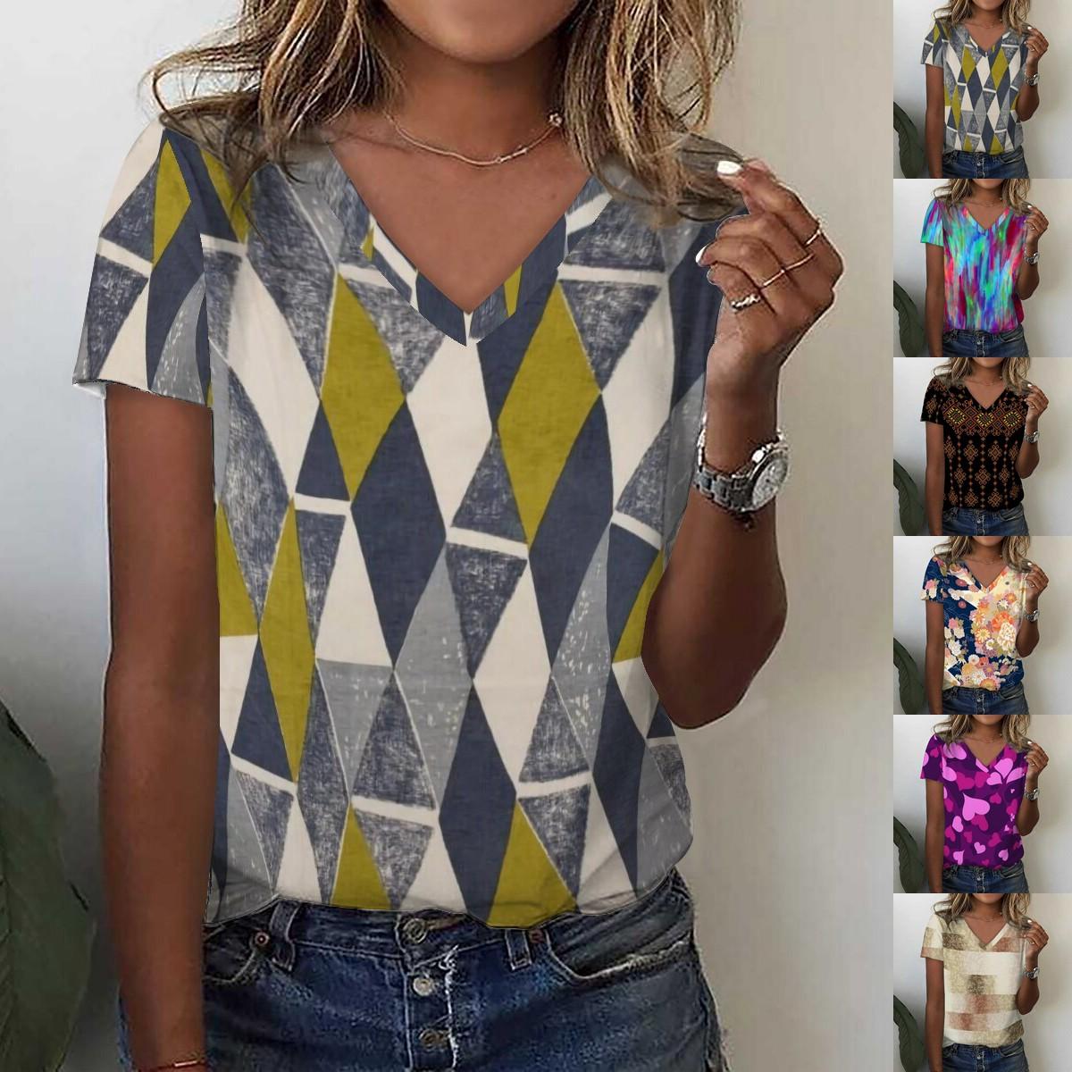 

Летняя новая мода женская футболка с коротким рукавом с V-образным вырезом и коротким рукавом S-2XL S-2XL
