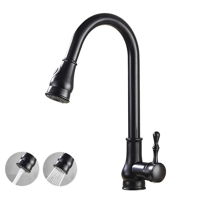 Antique Brass Kitchen Faucet Pull Out Spout Kitchen Faucet Black Single Hole Swivel Hot Cold Water Kitchen Mixer Tap Gold