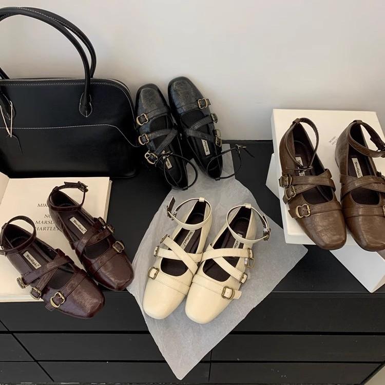 Cross belt design sense Mary Jane single shoes women's 2025 spring new French flat bottom square head commuter small leather shoes