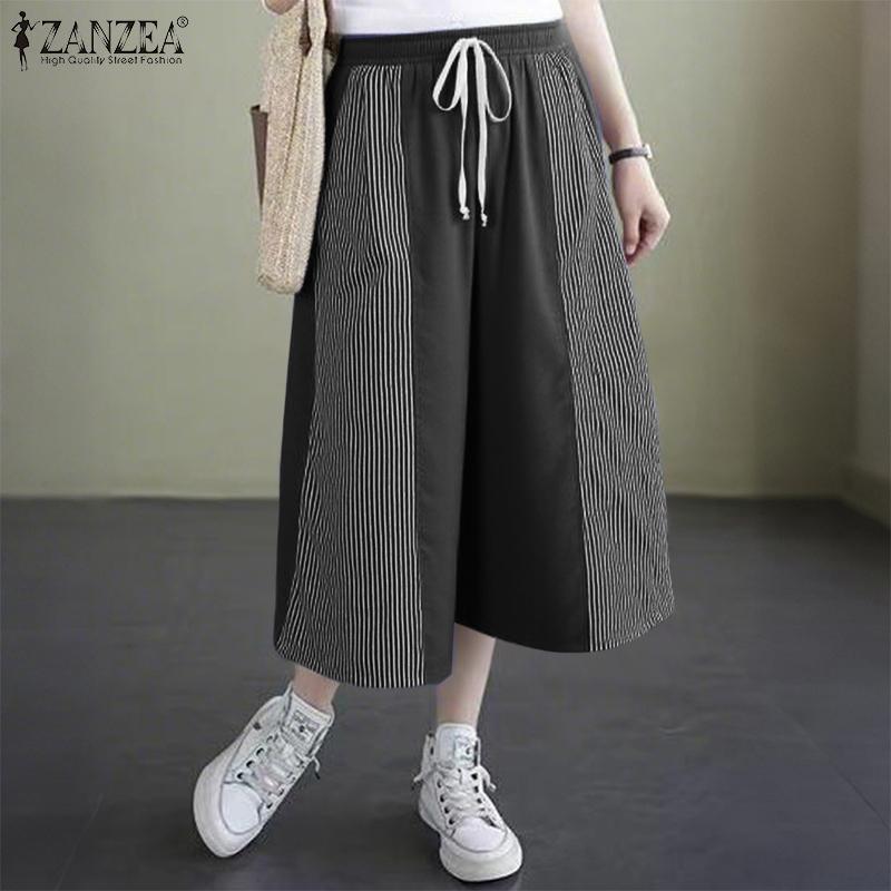 ZANZEA Women Casual Elastic Waist Loose Stripe Splice Capri Pants