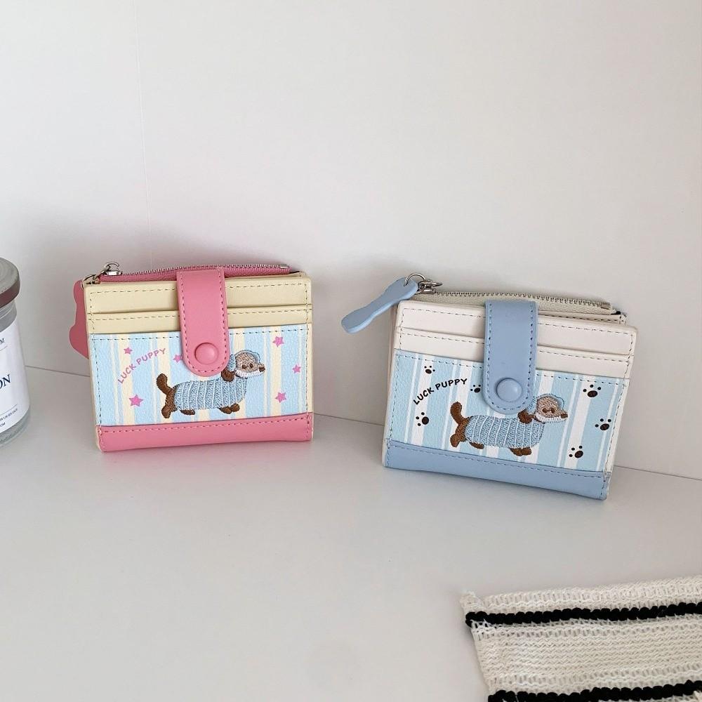 Korean Style Dachshund Embroidery Short Wallet Dopamine Color Zipper Card Bag Cartoon Dog Pu Small Item Bag Women Girl