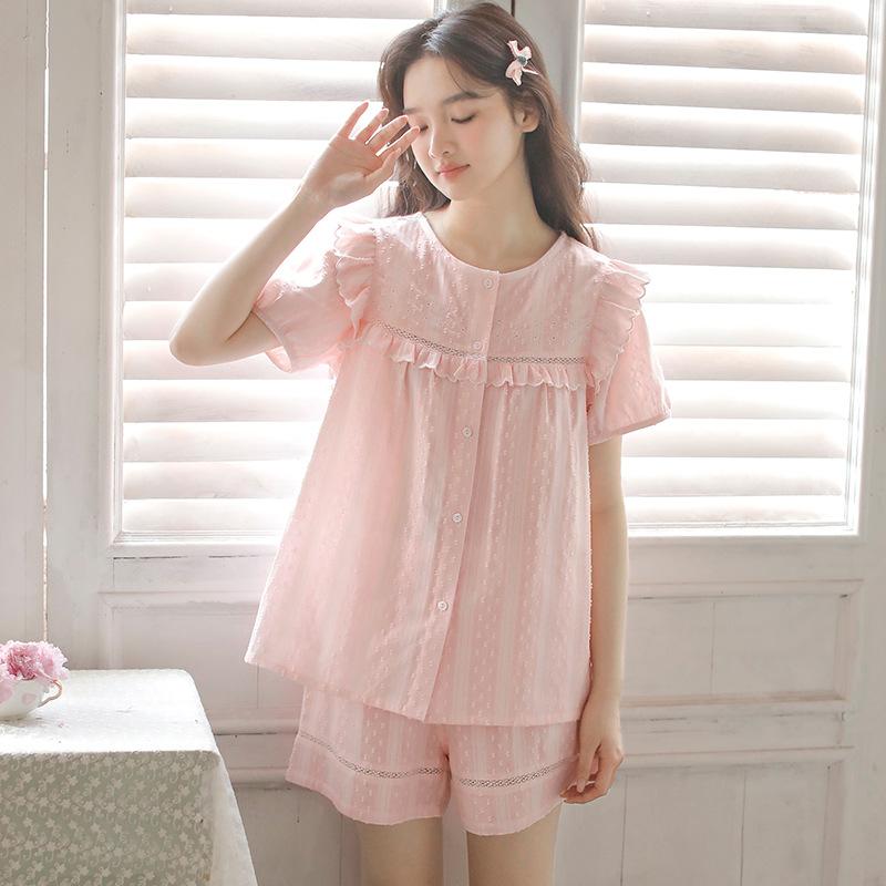 Spring and summer new women's cotton yarn French sweet pure cotton girl short-sleeved shorts loungewear set 19