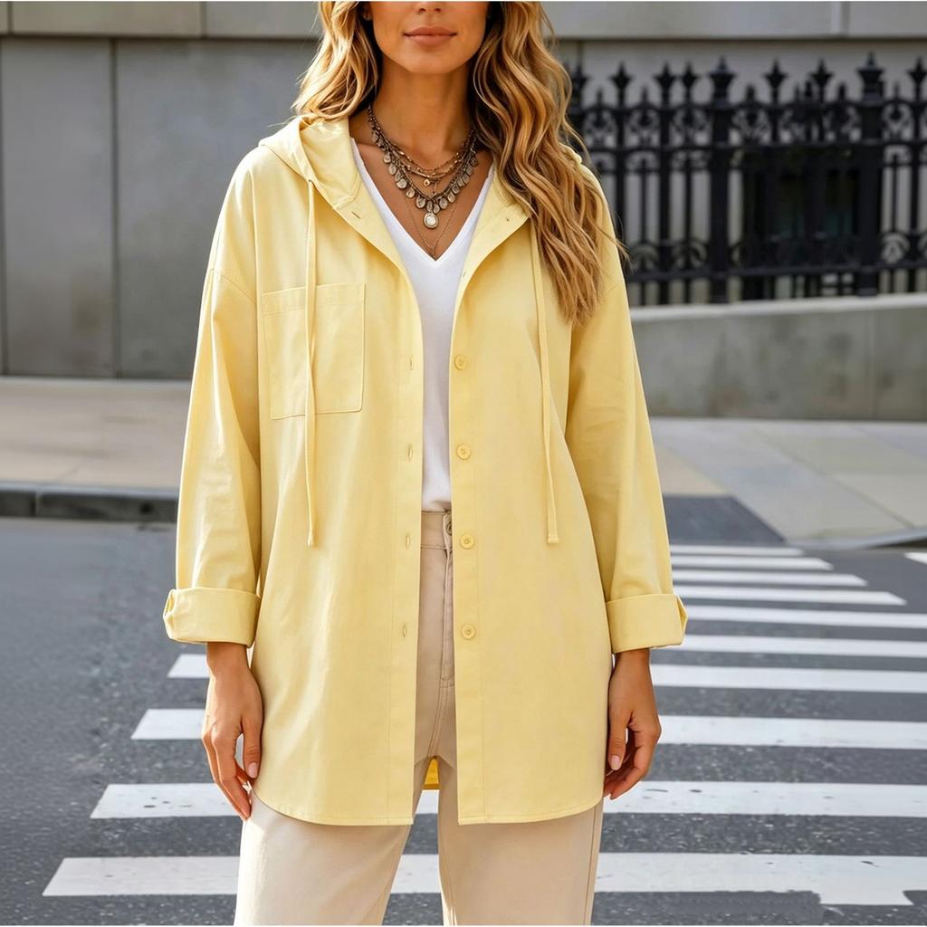 Women's Loose Fit Hooded Cargo Jacket Long Sleeve Color Mid Length Drawstring Shirt Jacket
