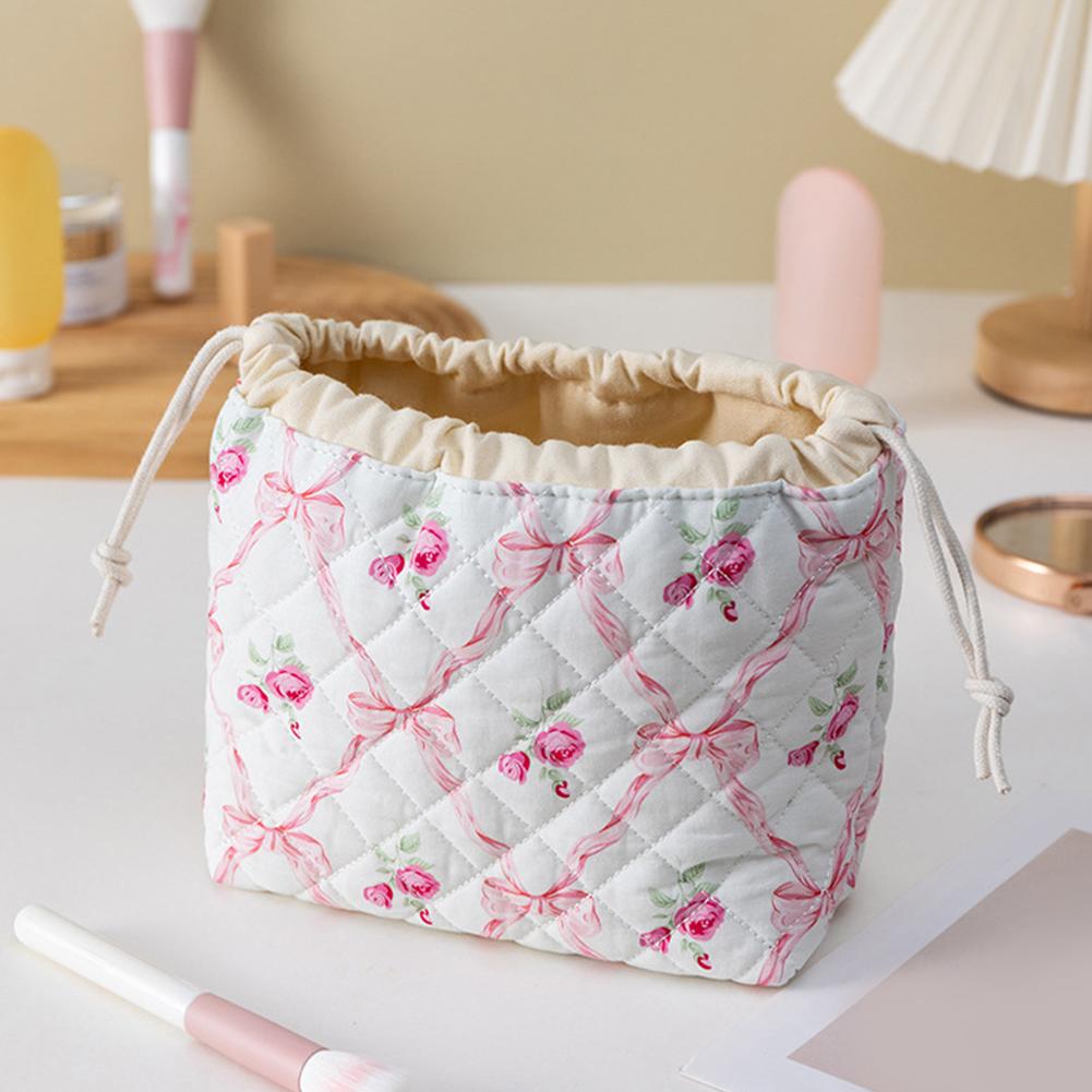 Women Cotton Padded Cosmetic Bag Large Capacity Drawstring Toiletry Case Soft Quilting Skincare Pouch Ladies Travel Bag розовый