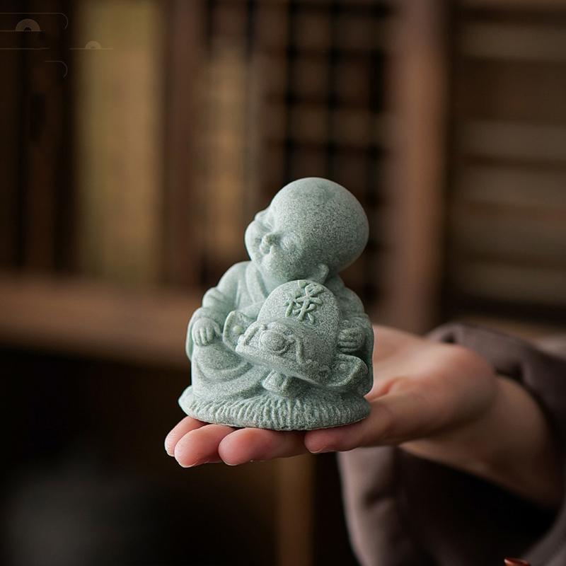 Green Sandstone Fu Lu Shou Little Monk sculptures and figurines Cute Home Room Office Wealth Luck Feng Shui Decor statuette