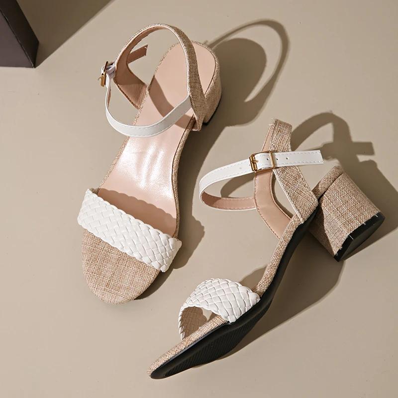 Fashion Fashion Briaded Square Heels Sandals Women 2025 Summer New Mix Color Buckle Strap High Heels Sandals Woman Holiday Beach Shoes