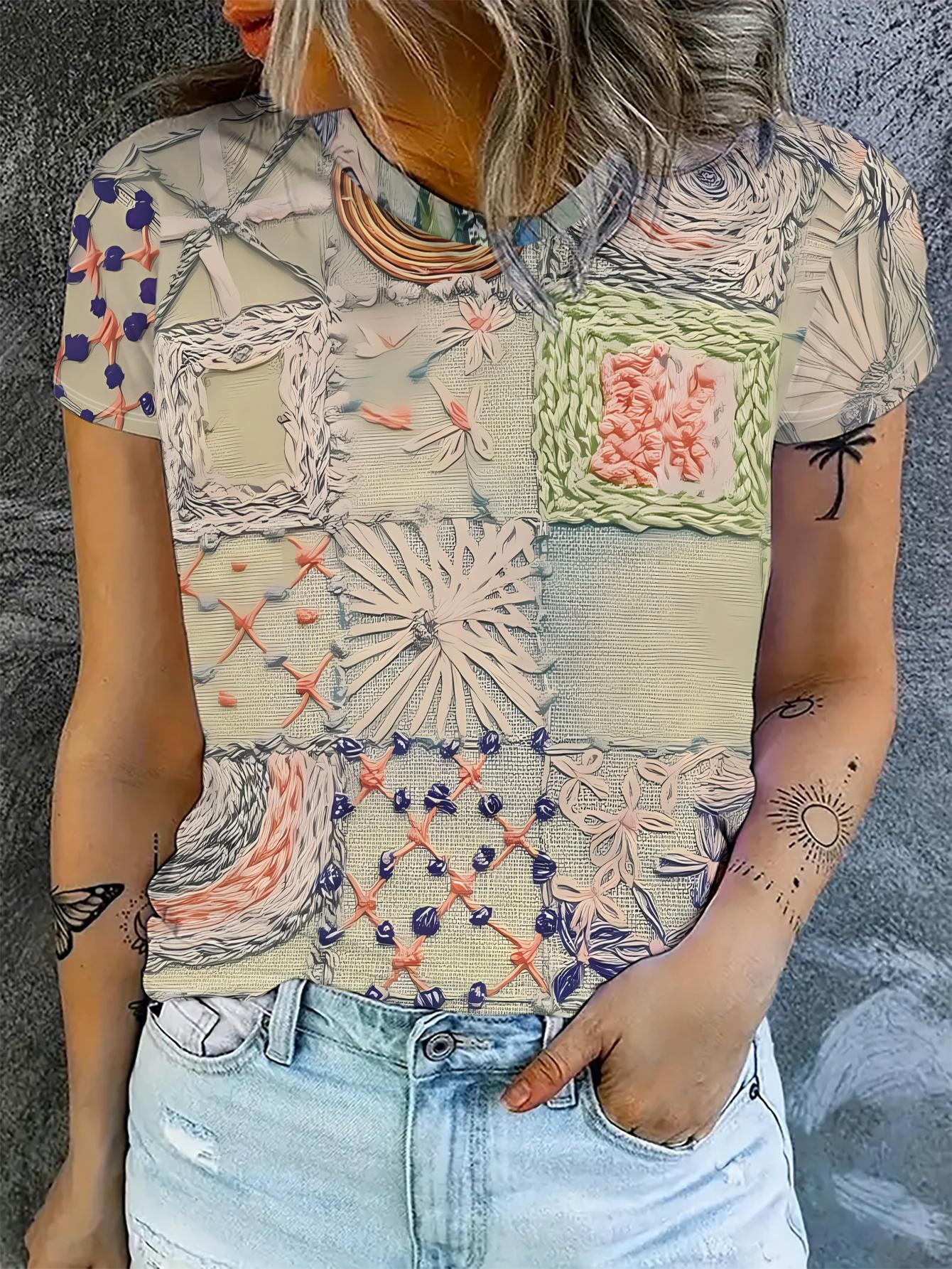 

[Printed Design-No Texture] Women s Short-Sleeve T-Shirt. with Colorful Patch Embroidery on the Back. Unique Style M дубильна кора