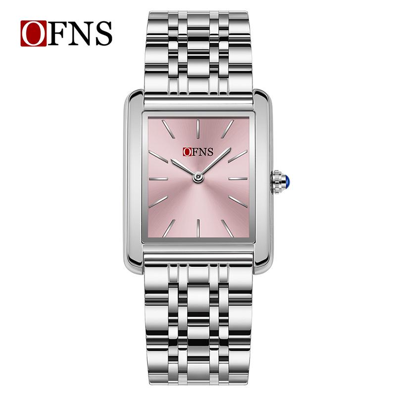 OFNS Women's Waterproof Stainless Steel and Leather Strap Square Fashion Quartz Watch