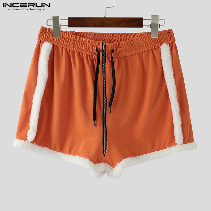 INCERUN Pánské mini kraťasy se stahovací šňůrkou, šitím, elastickým pasem, chlupatou patchworkovou domácí obuví
