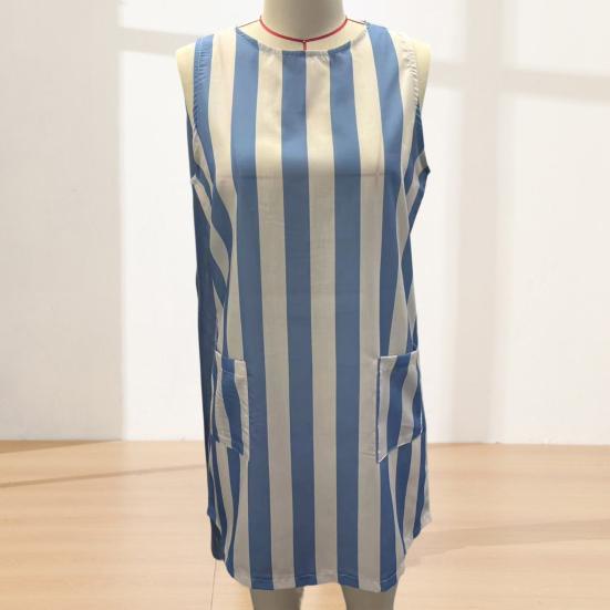 Vestido Casual para Mujer, Minivestido Camiseta sin Mangas de Cuello Redondo, Vestido de Verano a Rayas para Vacaciones con Bolsillos