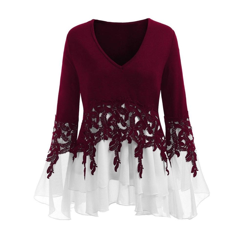 Elegant Women Ladies Long Sleeve V Neck Patchwork Tunic Tops For Casual Comfort