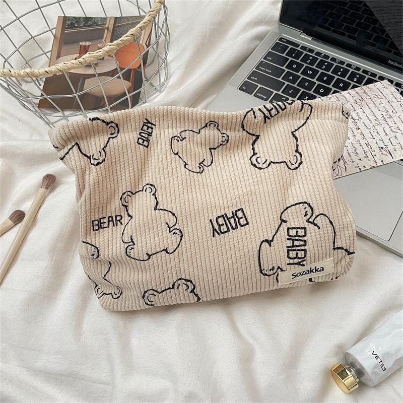 

Cartoon Cute Bear Corduroy Cosmetic Bag Large Capacity Travel Portable Girly Makeup Bag Storage Bag Toiletry Bag Clutch Bag Gift бежевый