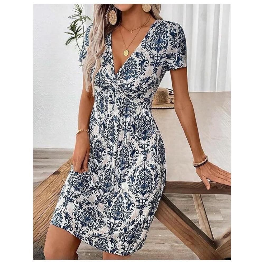 Women's Dress Solid Color V-neck Spring/summer Short Sleeve Breathable Fiber Ladies Casual Noble Slim New Knee-le