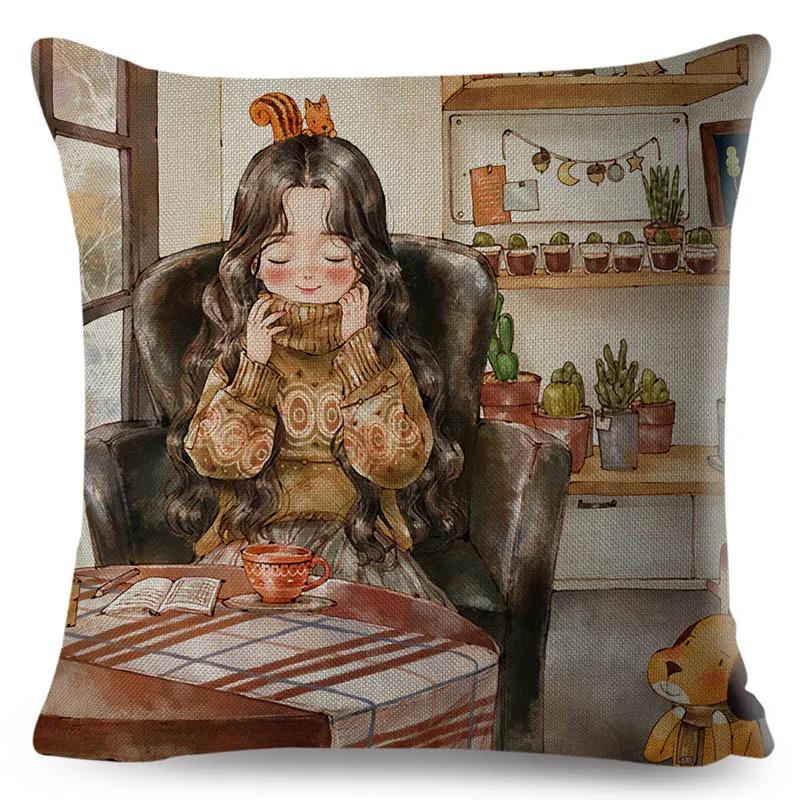 Colorful Cute Cartoon Girl and Pet Dog Fairy Tale World Pillowcase Decor for Sofa Home Pillow Case Polyester Cushion Cover