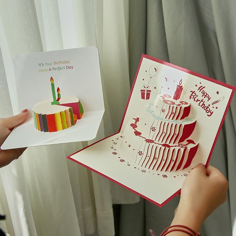 Happy Birthday Greeting Card 3D Birthday Cake Greeting Card Creative Folding Paper Engraving Blessing Card Gift for Lover Friend