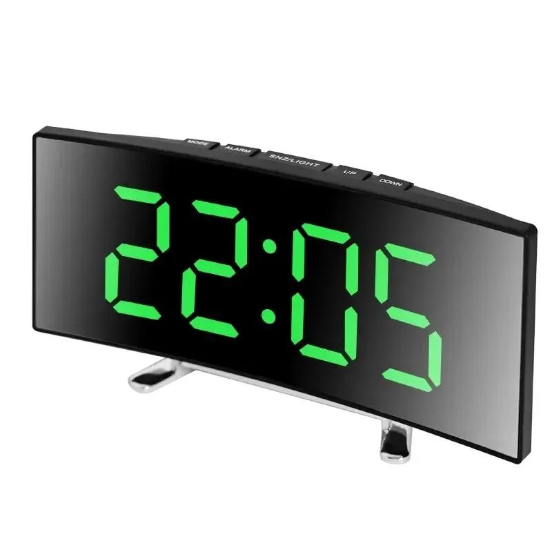 Creative Curved Electronic Clock LED Large Screen Mirror Alarm Clock Students Silent Multifunctional Desktop Clock Ornament