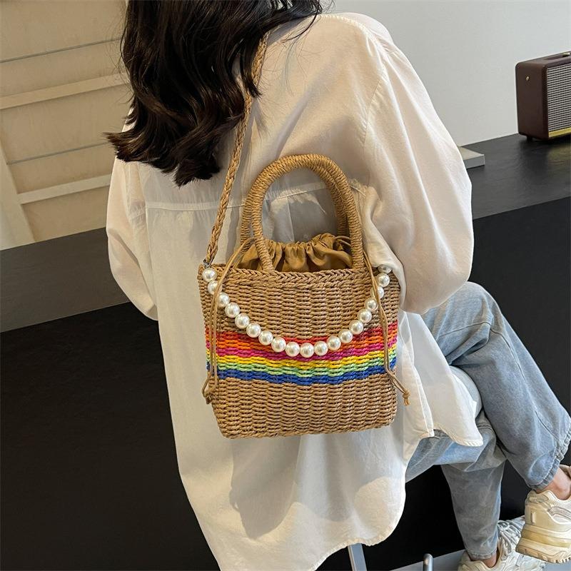Rainbow Striped Woven Bag Women's New Seaside Vacation Bag Portable Shoulder Bag Versatile Messenger Bag