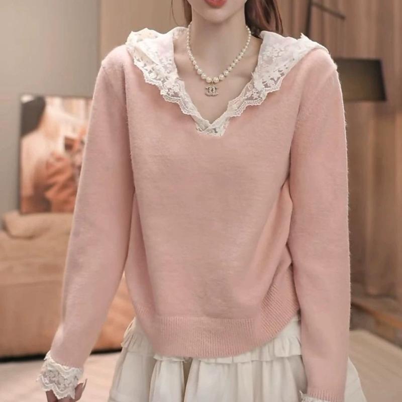 

Кружевное Худи Женские Вязаные Свитера Корейский Свободный V-образный вырез Женский Вязаный Свитер Осенняя Мода Нежное Женское Худи Onesize