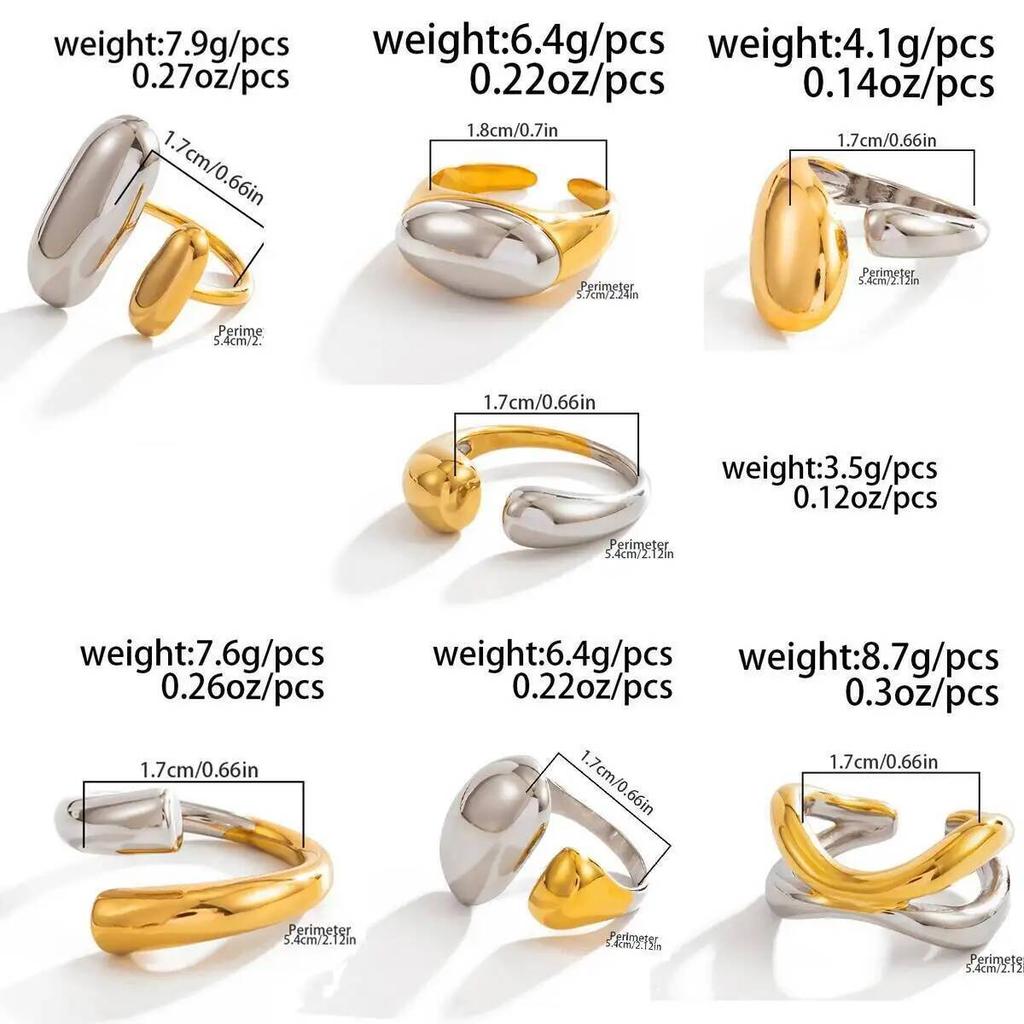 SHIXIN 7Pcs Trendy Geometric Mix Color Stainless Steel Finger Rings Women Punk Smooth Surface Irregular Adjustable Ring Jewelry