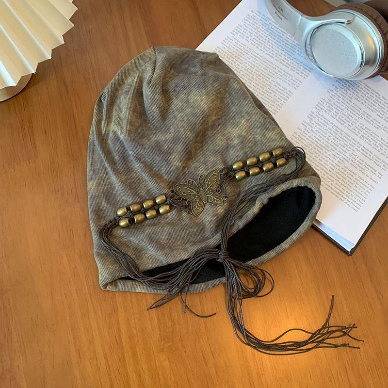 Small and High-end Tie Dye Tassel Bead Pile Hat for Women American Retro Big Head Circumference Cold Hat Loose Hat