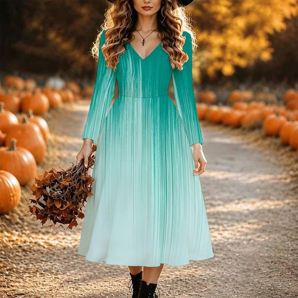 Halloween Women's Gradient Solid Print Midi Dress A Line Dress Vacation Casual Daily Regular Fit  Long Sleeve V Neck Black  Spring Fall