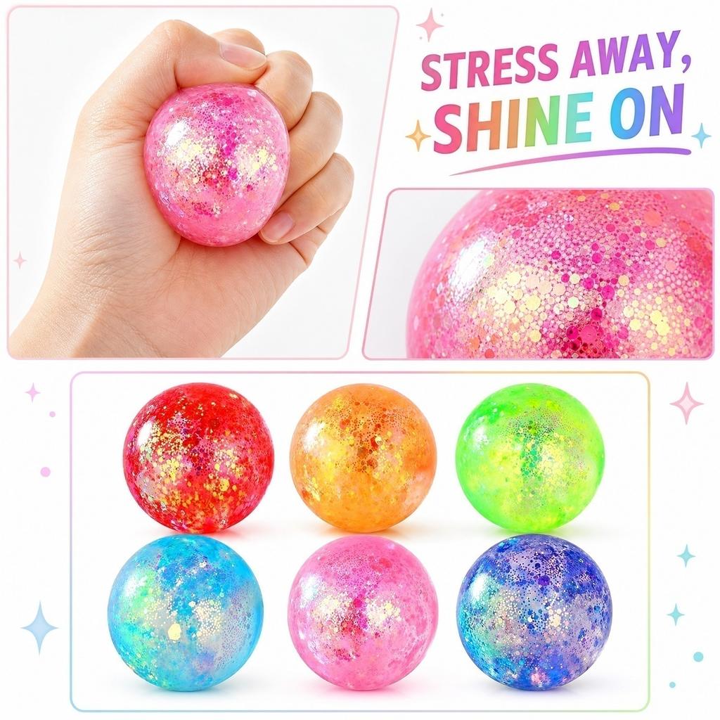 4cm Glitter Filled Stress Relief Squeeze Balls Soft Flexible Material Sensory Toy for Hand Exercise and Relaxation Random Color Selection