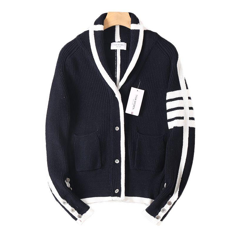 College-Style Cardigan for Men and Women, Four-Stripe Knit Sweater, Thickened for Warmth, Convertible High Collar, Long-Sleeve Sweater Jacket