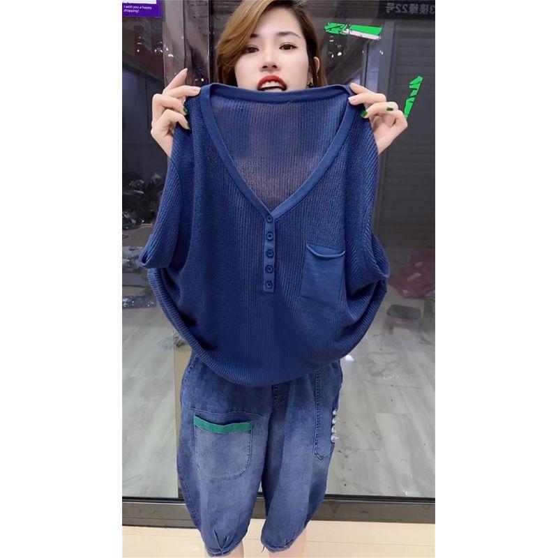 

Ice Silk Short Sleeve T-shirt Elegant Slimming V-Neckline Air Conditioning Linen Blue All yards