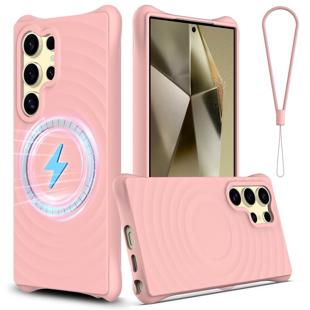 For Samsung Galaxy S25 Ultra Magnetic Case Ripple Texture Liquid Silicone Protective Cover with Strap
