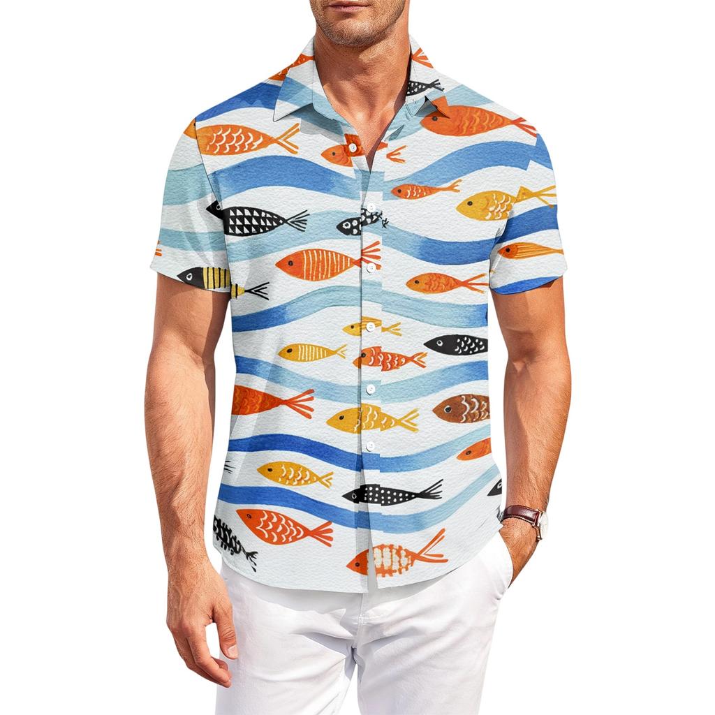 Mens Short Sleeve Collared Shirt with Beach Print Casual Button Down Lightweight Summer Outdoor Top