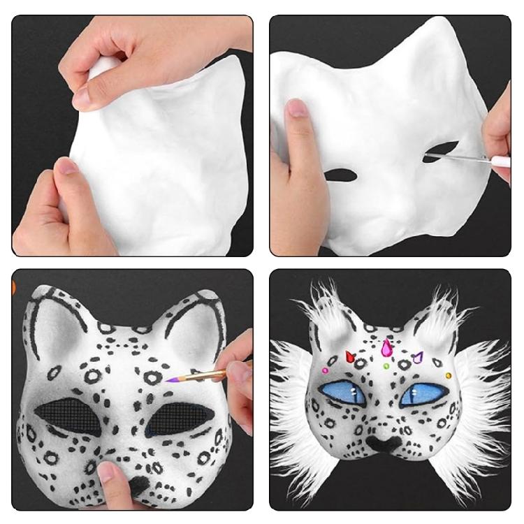 Cats  Foxes Mask with Furs Eye Mesh Felts Sheet Therians Dress Up Mask to Paint for Halloween Masquerade Cosplay Party