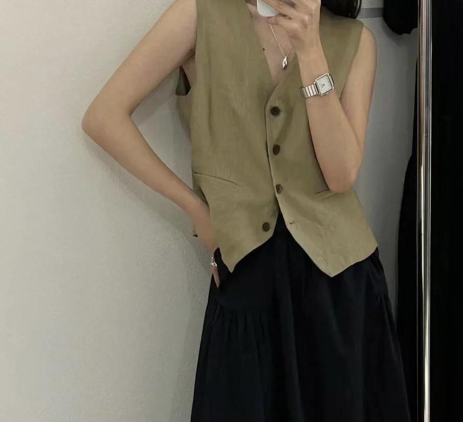 2024 Korean V-Neck Linen Slim Vest: Summer Sleeveless Single-Breasted Top